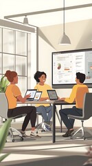 A group of people working together in front of a screen, with vector illustrations and a flat design style, against a white background