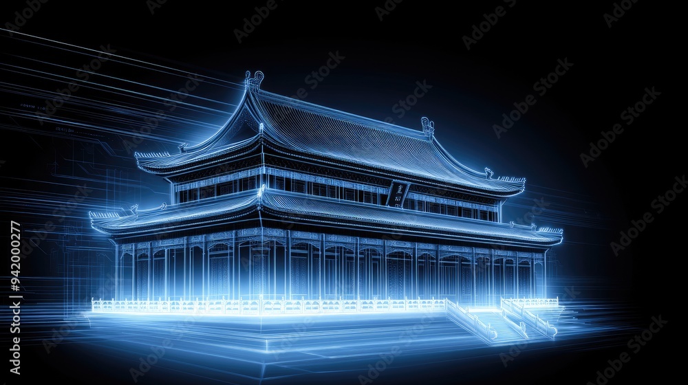 Poster a holographic projection features striking blue digital lines forming pavilions and towers, creating