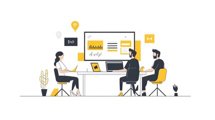 A group of people working together in front of a screen, with vector illustrations and a flat design style, against a white background