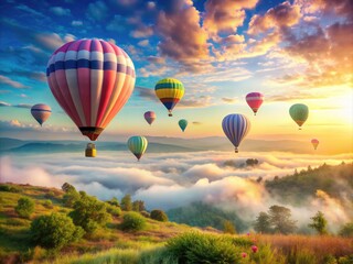 Fototapeta premium Whispers of the Wind: Tranquil balloon ride, gentle breeze, rustling fabric, soft pastels.