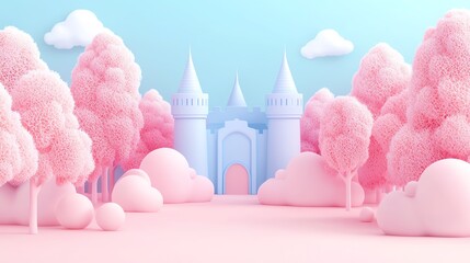 Pastel anime fantasy land, castles and unicorns in soft colors.