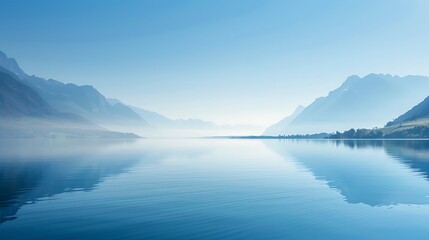 A tranquil lakeside view with smooth, glassy water mirroring the clear sky and distant mountains, creating a sense of stillness and calm