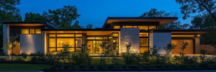A large house with a large front yard and a large driveway. The house is lit up at night, giving it a warm and inviting atmosphere