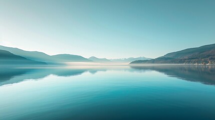 A tranquil lakeside view with smooth, glassy water mirroring the clear sky and distant mountains, creating a sense of stillness and calm