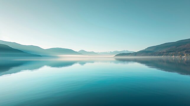 A tranquil lakeside view with smooth, glassy water mirroring the clear sky and distant mountains, creating a sense of stillness and calm