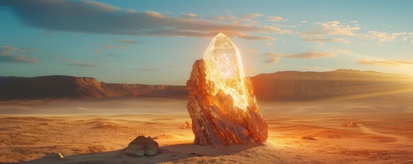 Giant crystal formation in a desert at sunset landscape.