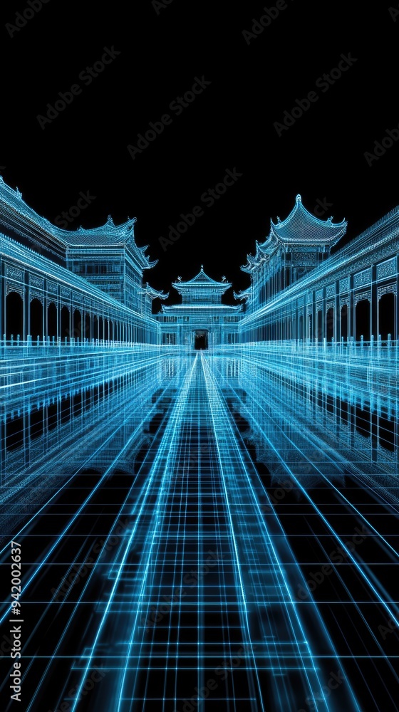 Poster a holographic projection features striking blue digital lines forming pavilions and towers, creating