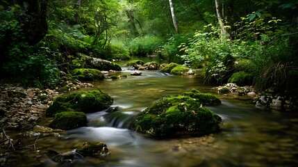 Fototapeta premium A gentle stream flowing through a quiet forest, with soft moss-covered rocks and the sound of trickling water creating a meditative ambiance
