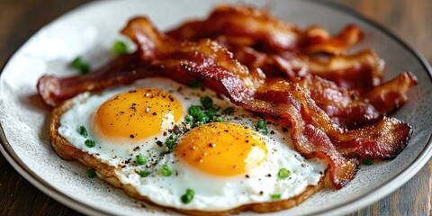 Fried eggs with crispy bacon and pepper.