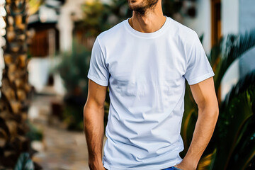 Fototapeta premium A young man wearing a plain white t-shirt posing outdoors in a modern urban setting with greenery around.