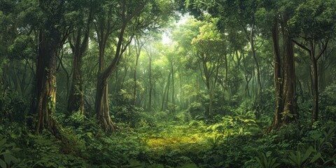 Fototapeta premium Lush green jungle with tall trees.