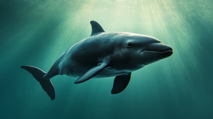 Obraz premium Rare Vaquita Hunting Prey in Serene Waters, Surrounded by Diverse Marine Life, Coastal Habitat Spotlight, Ideal for Nature Documentaries