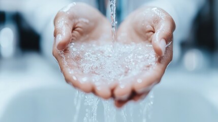Hands delicately cupped together catching a steady stream of clean, flowing water, symbolizing care, purity, and the essence of life captured in an aesthetically pleasing way.