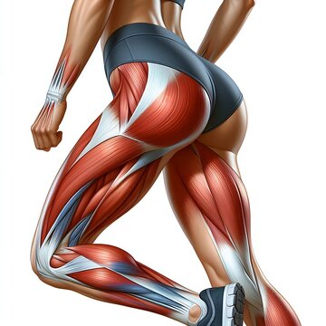 Anatomical of female runner with quadriceps muscles on the legs on white background, Human anatomy concept