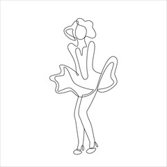 One continuous line portrait of woman posing as famous American actress, coquettishly holding the fluttering hem of her dress. Vector illustration.