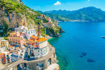 Atrani on Amalfi Coast, Italy. Aerial photo of famous city Atrani located on Amalfi Coast in Italy