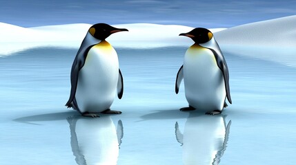 Fototapeta premium Two king penguins stand side by side in a zoo tank, one tilting its head to look up at rocks while the other directs its attention toward the camera, showcasing vibrant colors