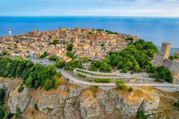 Aerial view of historic town of Erice near Trapani. Castello di Venere, Sicily, Italy.