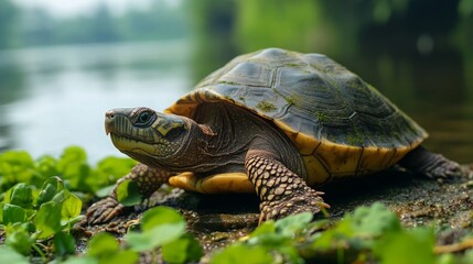 Obraz premium Tranquil Riverbank with Yangtze Turtle, Massive Body Amidst Foliage, Call for Wildlife Protection