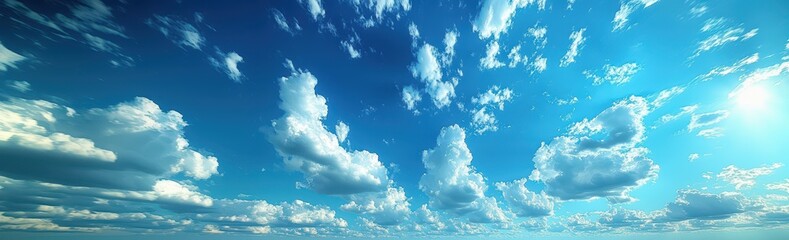 Fototapeta premium Fluffy clouds in a bright blue sky over calm water
