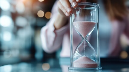 This image shows a person in a business environment holding a transparent hourglass with pink sand running through it, symbolizing the concept of time and urgency.