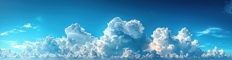 Naklejka premium Fluffy clouds in a bright blue sky over calm water
