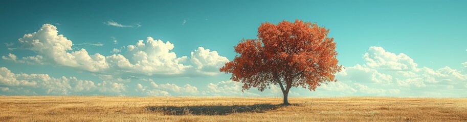 Lone tree with autumn leaves in a dry field under a blue sky