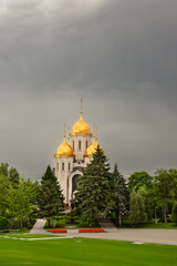 View from the mound of the Orthodox church Church of All Saints on Mamayev Kurgan Cloudy morning. Monument-ensemble to the Heroes of the Battle of Stalingrad