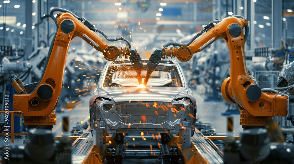 Aufkleber automated robotic arms are efficiently welding car frames on a sophisticated assembly line in an aut