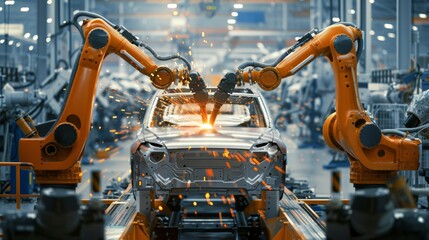 Automated robotic arms are efficiently welding car frames on a sophisticated assembly line in an automotive manufacturing plant, showcasing cuttingedge industry and engineering technology