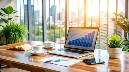 Modern office with laptop, notebook, and coffee cup on wooden desk, surrounded by charts, graphs, and inspiring motivational quotes, symbolizing productivity and success.