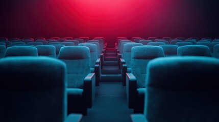 Obraz premium Gleaming rows of teal-colored seats stand empty in a modern movie theater, inviting viewers to fill them for an immersive cinematic experience under moody lighting.