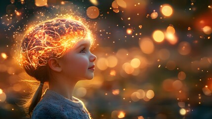 A young child's brain operated by artificial intelligence, with glowing neural connections.