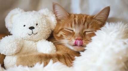 Cute ginger cat sleeping with tongue out, funny and adorable. Total exhausted.