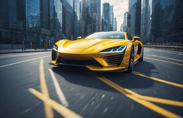 yellow sports car, a car in the metropolis. 
