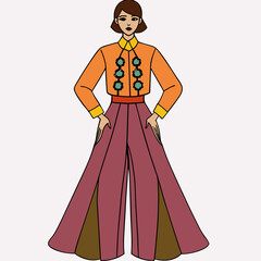 Wide Blouse with Long Trousers Embroidered Luxury Set on White Background