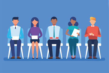 five candidates for new job sit on chairs in row with their documents on blue background, job interview