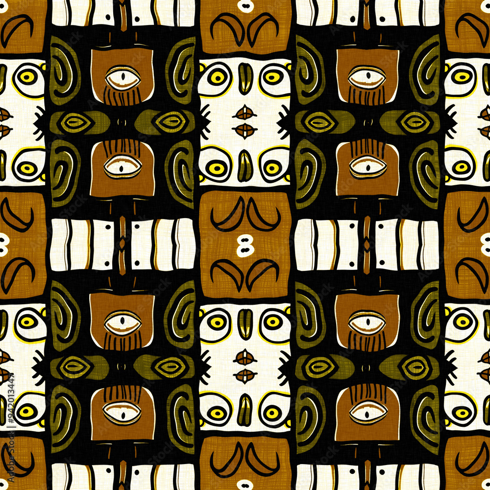 Wall mural Modern tribal shape mud cloth effect seamless pattern. Stylized Shape doodle in khaki brown color background design of printed patterned fabric repeat.