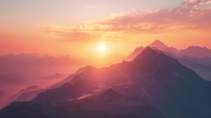 Captivating sunset illuminating the rugged peaks of a mountain range, showcasing the breathtaking interplay of light and shadow across the landscape.