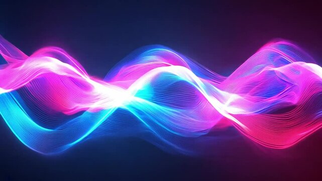 Vibrant waves of light in pink and blue intertwine against a black backdrop, creating a mesmerizing visual effect that captivates the viewer.