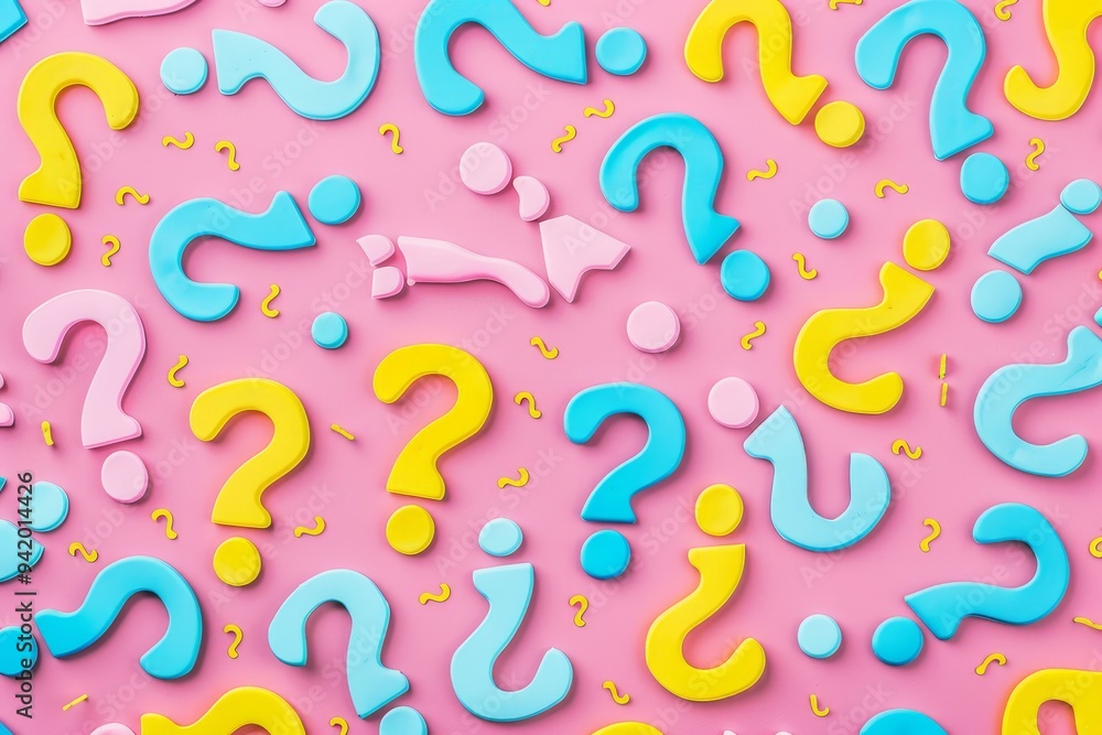 Poster artistic raw style background with multiple colored question marks on a textured surface creating a 