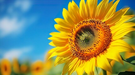 Obraz premium Vivid close-up of a sunflower with a blue sky background perfect for cheerful nature-themed images