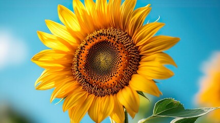 Obraz premium Bright sunflower in close-up with a clear blue sky perfect for cheerful and vibrant wallpapers