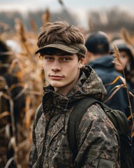 A young man in camouflage jacket standing next to a group of people. AI.