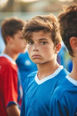 Obraz premium A group of a boy in blue shirt standing next to another. AI.