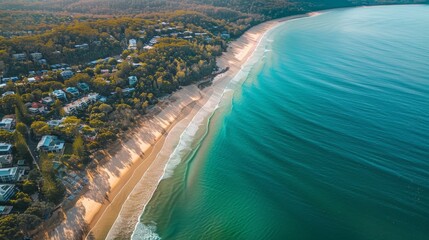 Motion Blur Panorama of Noosa Heads, Australia, Showcasing Over 50 Beautiful Beaches and Resorts Captured in UHD from a High-Angle Perspective