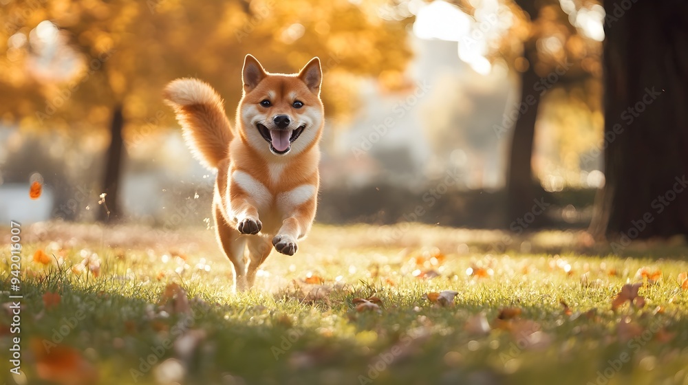 Poster a shiba inu dog running with a cheerful energetic expression through a lush verdant park setting wit