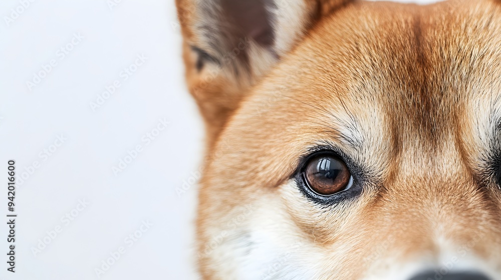Poster closeup portrait of an alert and attentive shiba inu puppy with the dog s face and ears prominently 