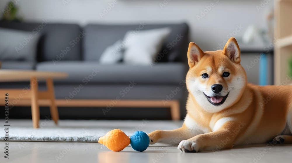 Poster adorable shiba inu puppy playing enthusiastically with a toy in a warm comfortable living room setti