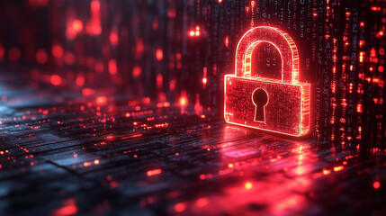 A broken padlock icon in red over a screen of binary code.